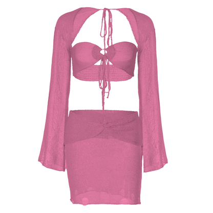 Long sleeve hollow out shrug 3 piece mini skirt set