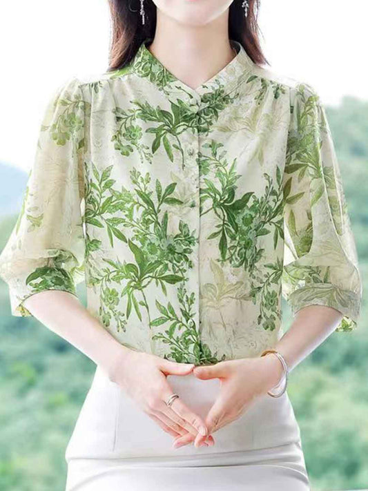 Bailey Loose Stand Collar Floral Chiffon Top