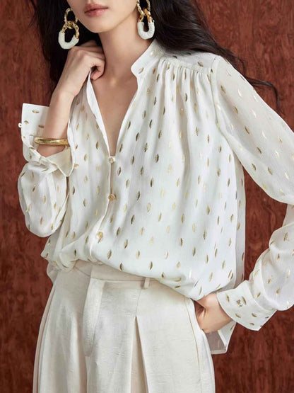 Ashley Loose V-neck Hot Stamping Chiffon Shirt