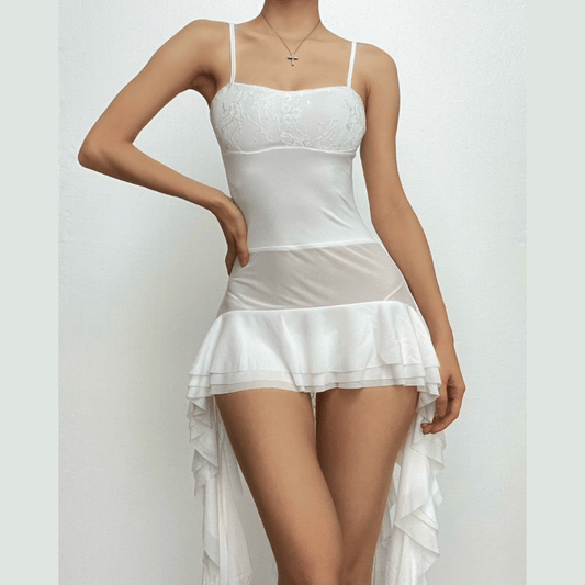 Lace patchwork square neck ruffle solid cami mini dress
