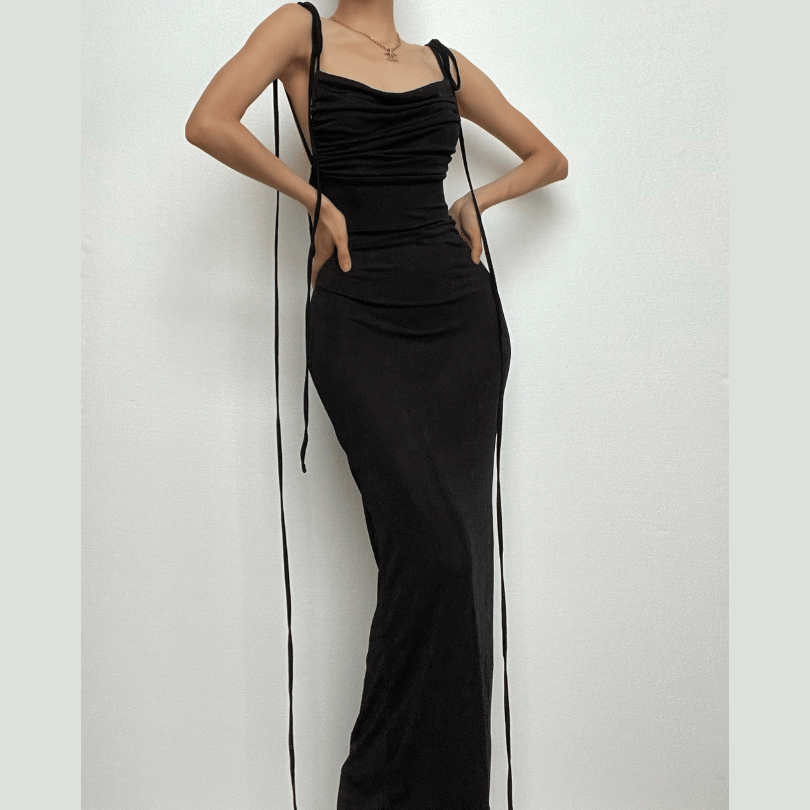 Cowl Neck Lace Up Back Tie Strap Backless Maxi Dress