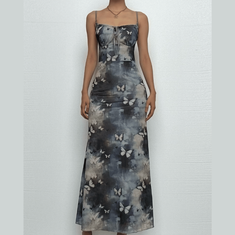 Butterfly print self tie cami maxi dress