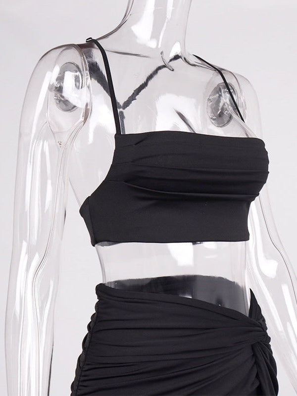 Ruched Spaghetti Strap Crop Top & High Slit Skirt Coord Set