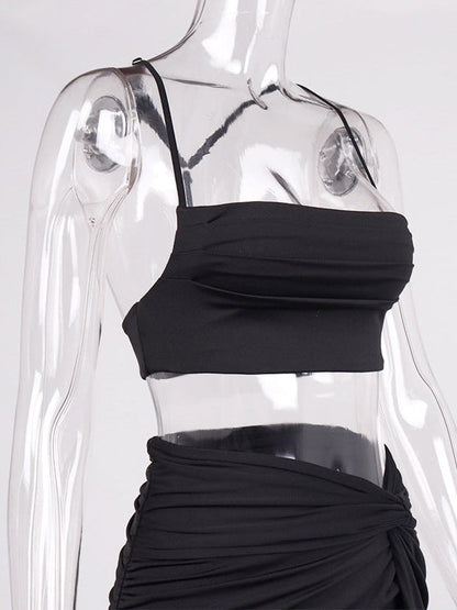 Ruched Spaghetti Strap Crop Top & High Slit Skirt Coord Set