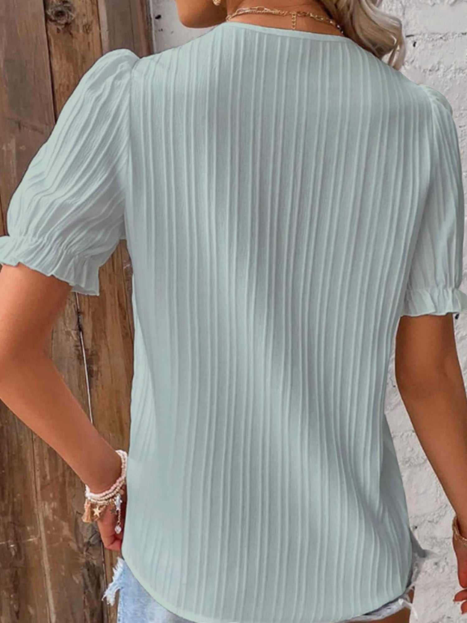 Openwork Lace Puff Sleeve V-neck Vertical Stripes T-shirts