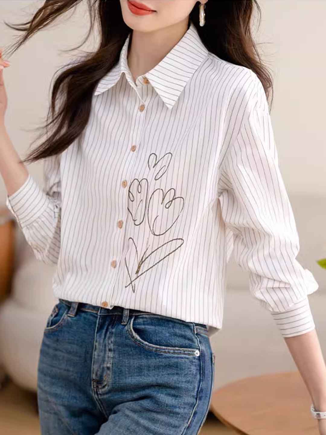 Brianna Slim Polo Collar Printed Striped Shirt