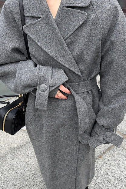 Extra-Long Wool Tie-Waist Loose Overcoat