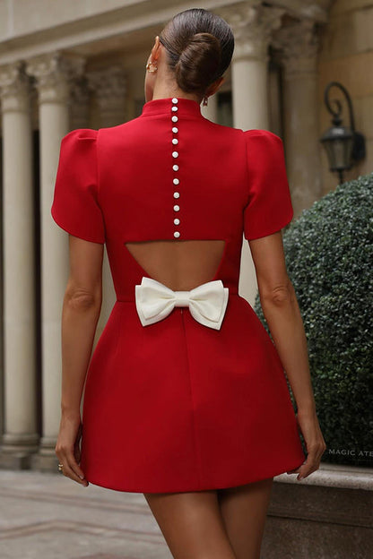 Mandarin Collar Button Back Cut Out Bow Waist Tulip Sleeve Mini Dress