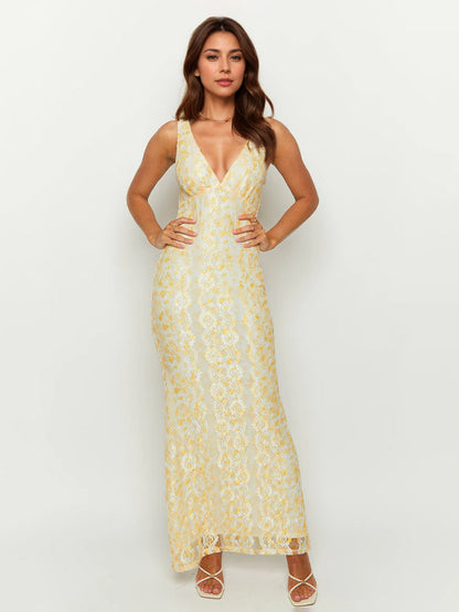 Sleeveless Lace Maxi Dress With Deep V-Neck And Open Back For Summer 2026