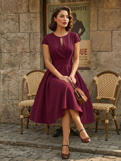 Vintage Glamour Dress 1950s Style Jewel Neck Cut Out Short Sleeves Medium Swing Dress