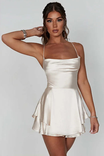 Satin Cowl Neck Spaghetti Strap Tiered Ruffle Hem Mini Dress