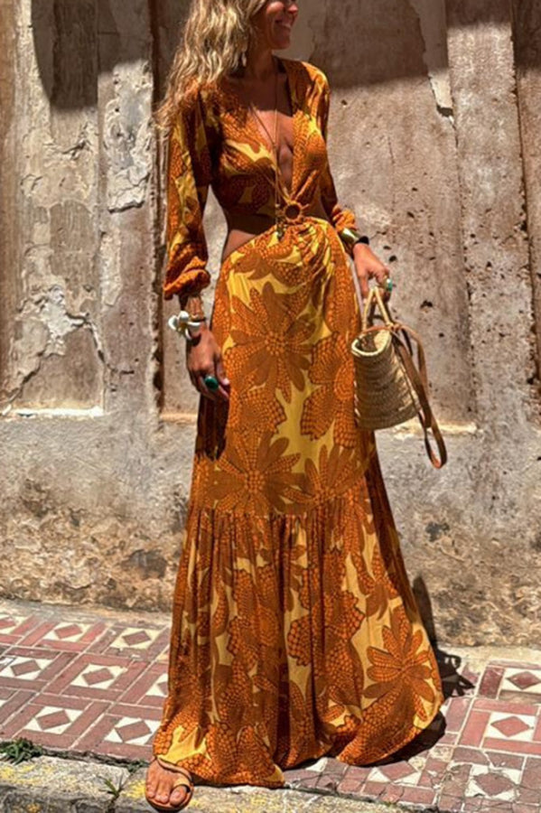 Sunflower Print Ring Cutout Waist Long Sleeve Maxi Dress