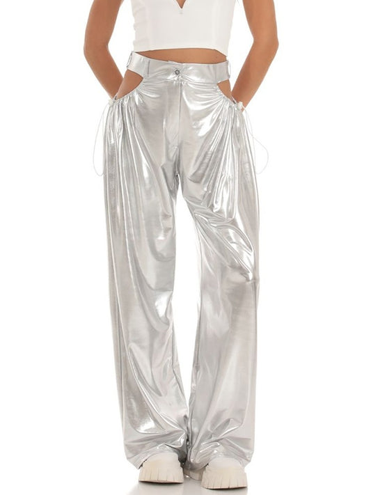 Metallic Cutout Drawstring Wide Leg Pants