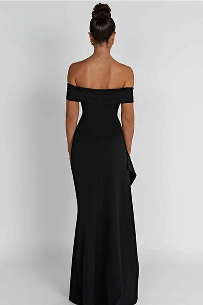 Off Shoulder Ruched High Split Bodycon Maxi Dress