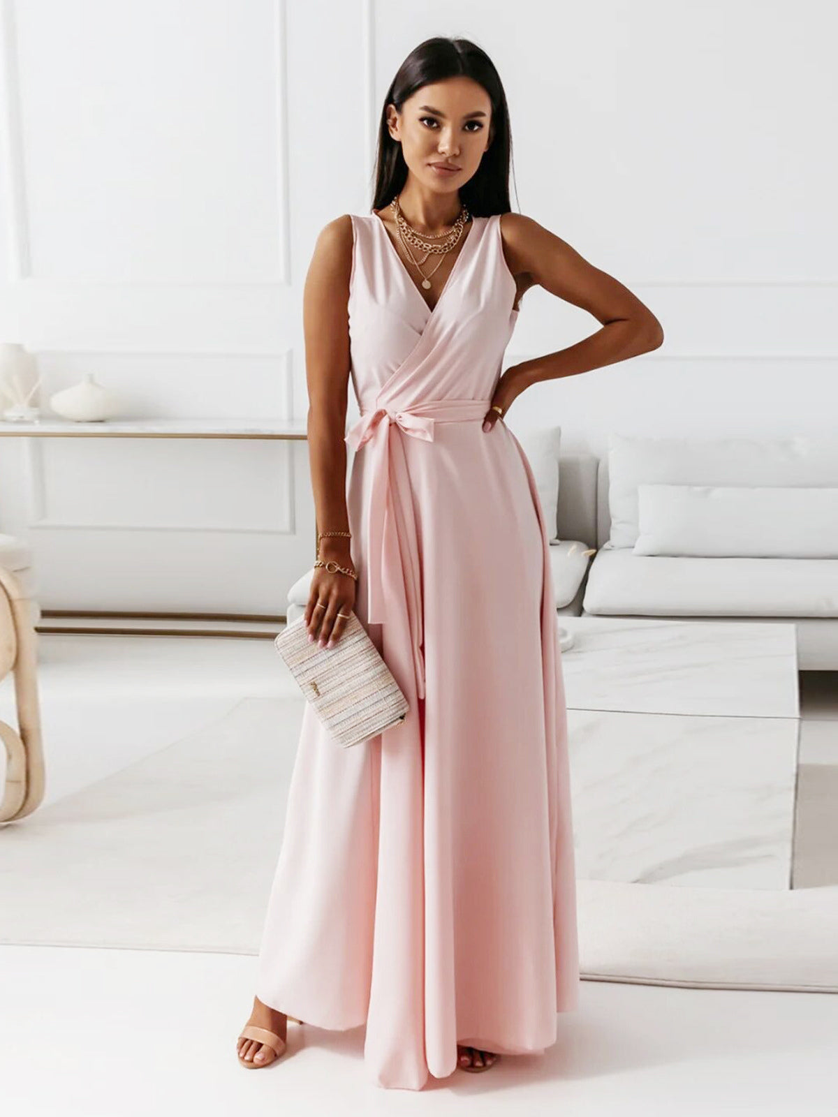 Soft Pink V-Neck Dresses Lace Up Sleeveless Layered Prom Maxi Dress 2026