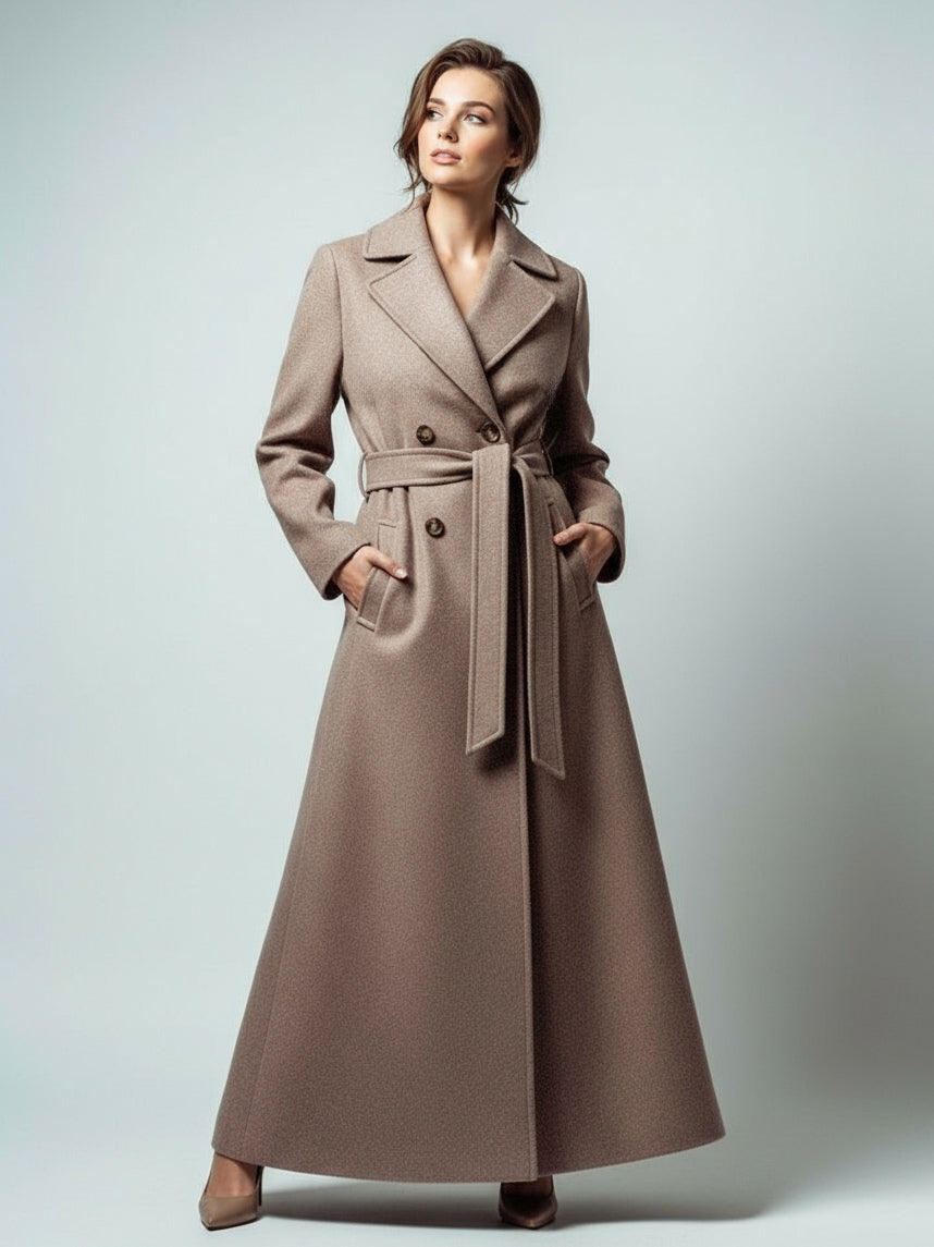 Maxi Double-breasted Woolen Coat With Detachable Cape And Belt For Women 2026