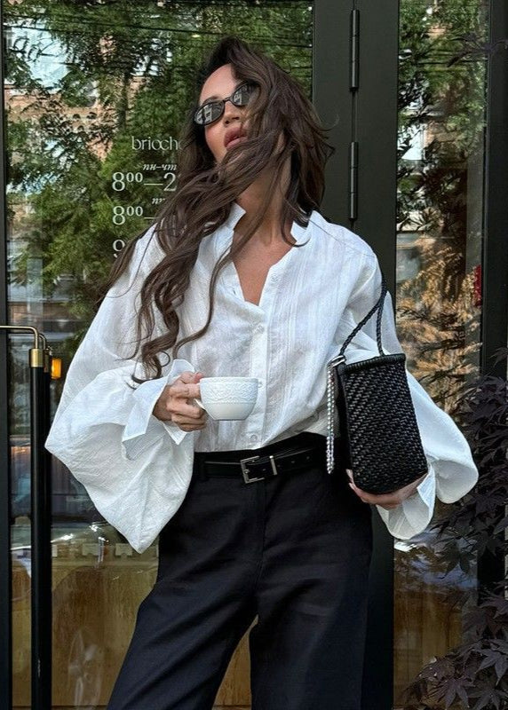 Averine - White Button-Up Shirt with Statement Balloon Sleeves