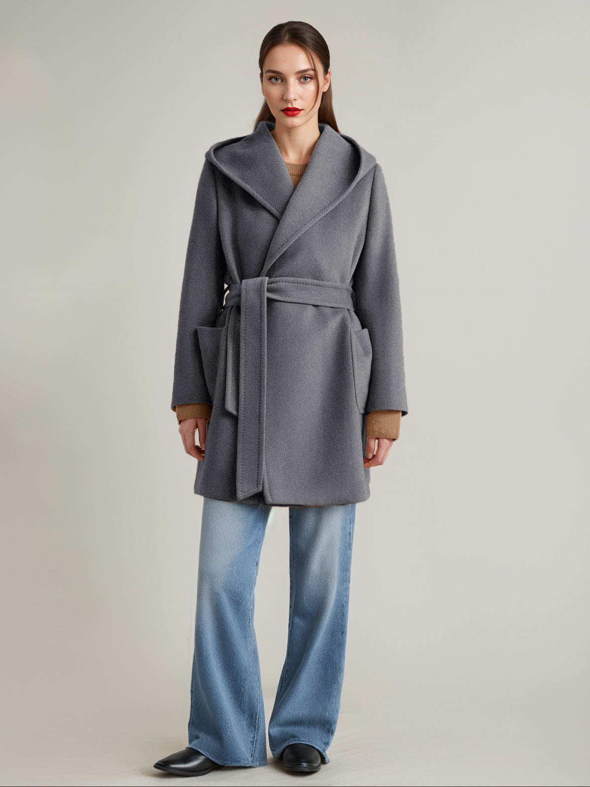 Wool Cashmere Blend Coat With Hood Camel Belted Double-Faced Short Wrap Coat For Women 2026