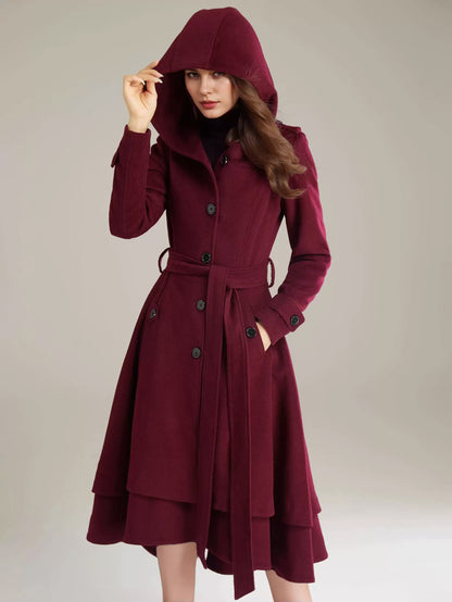 Woolen Flared Coat For Woman Hooded Belted A-line Vintage Winter Midi Outerwear 2026