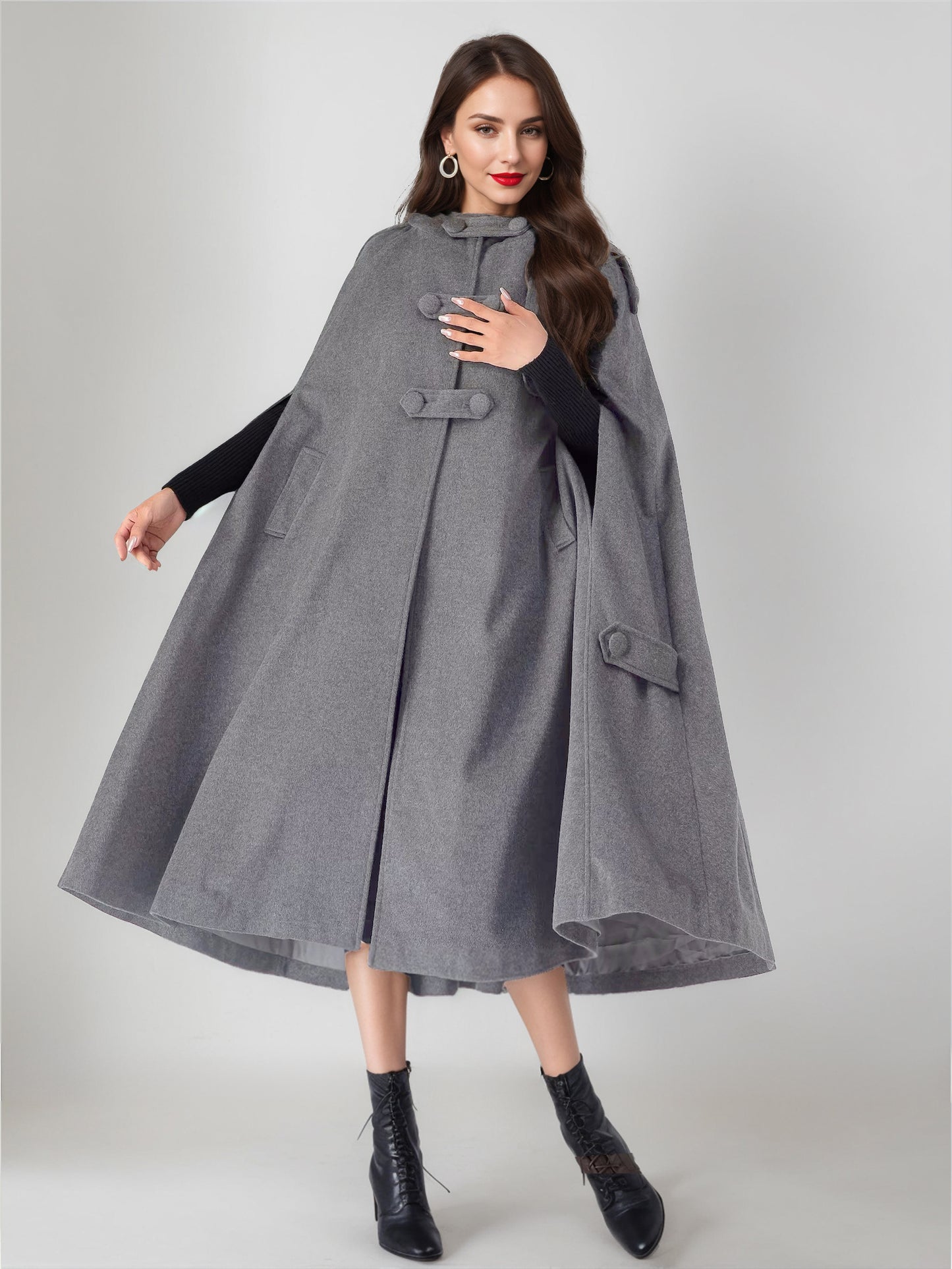 Wool Blend Cape Coat For Women Hooded Gray Oversized Long Poncho Outerwear 2026