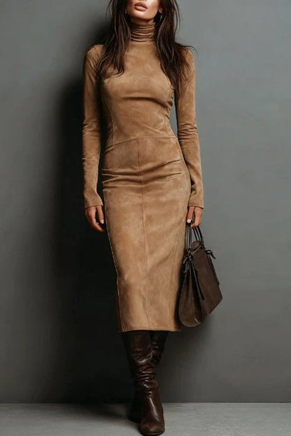 Stylish High-neck Long-sleeved Slim-fit Midi Dress