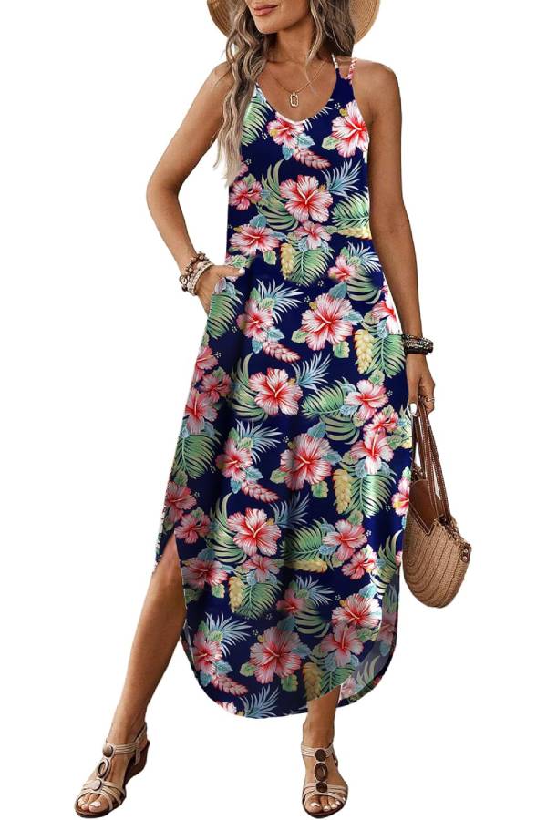 Casual V-neck halter slit bohemian beach resort maxi dress