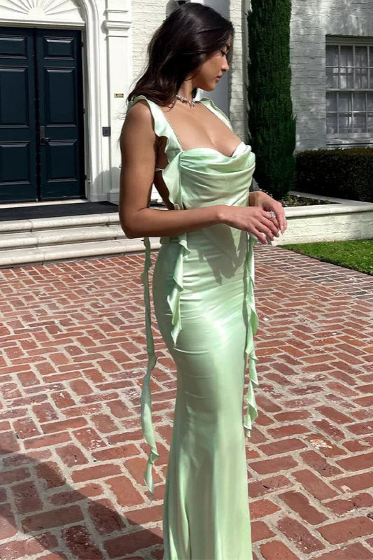 Square Neck Cascading Ruffle Strap Ruched Basque Waist Satin Maxi Dress