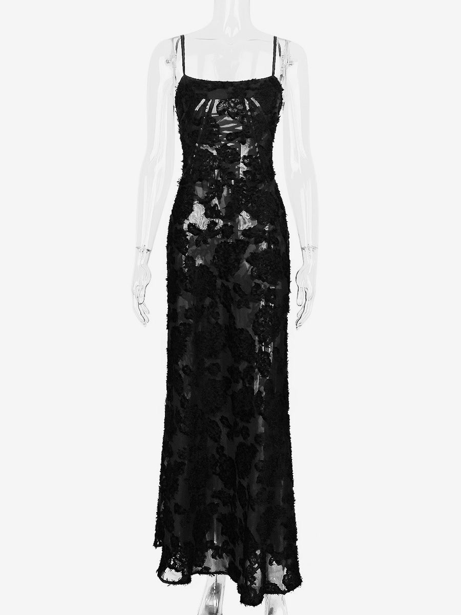 Trumpet Dress Spaghetti Straps Lace-up Floral Embroidery Prom Maxi Dresses