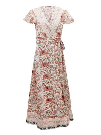 Boho Floral Wrap Maxi Dress For Women - Cream Ethnic Print V Neck Short Sleeve Dress - Summer Beach Vacation 2026