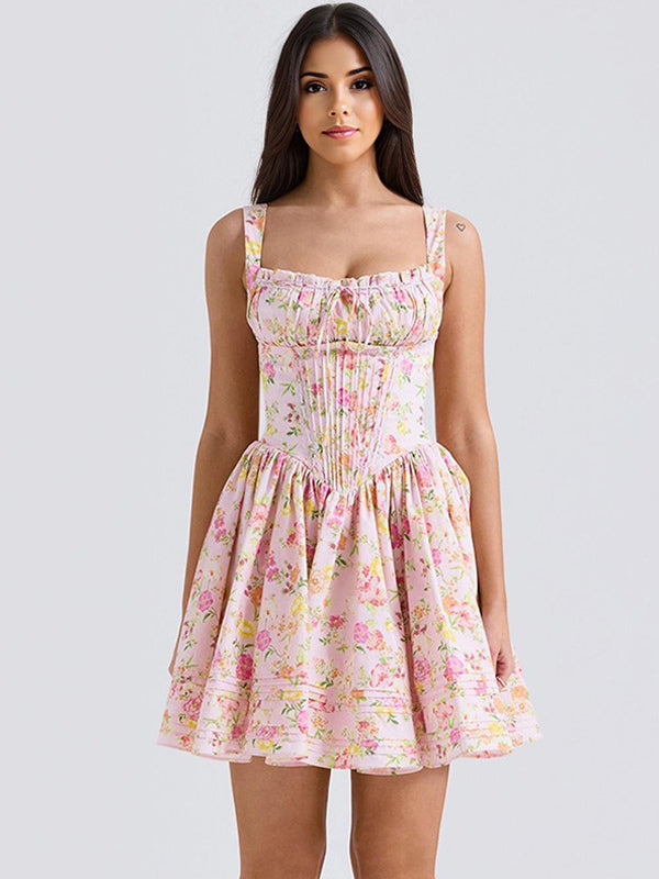 Floral Dress Mini Dresses Lace Up Straps Neck Sleeveless Cottagecore Short Dress