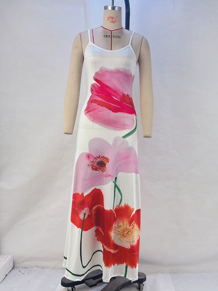 Floral Print Bodycon Maxi Slip Dress for Women - Spaghetti Strap Slim Fit Mermaid Sundress - Summer Beach Resort 2026