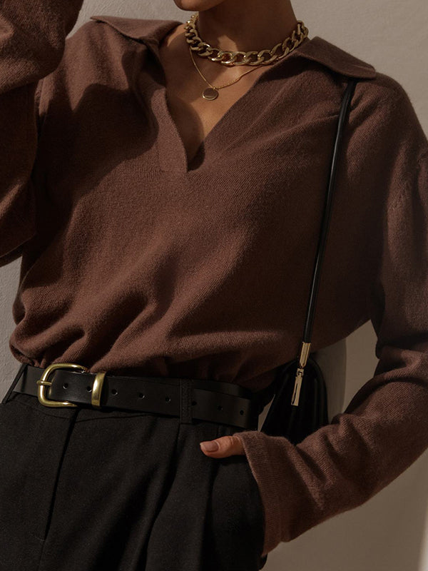 Solid Lapel Neck Knit Sweater