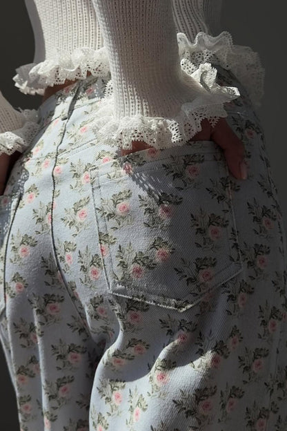Vintage Light Floral High-Waist Wide-Leg Jeans