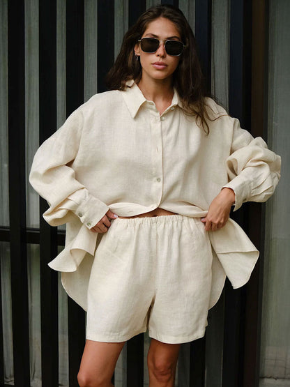 Long Sleeve Shirt Shorts Set Blouse