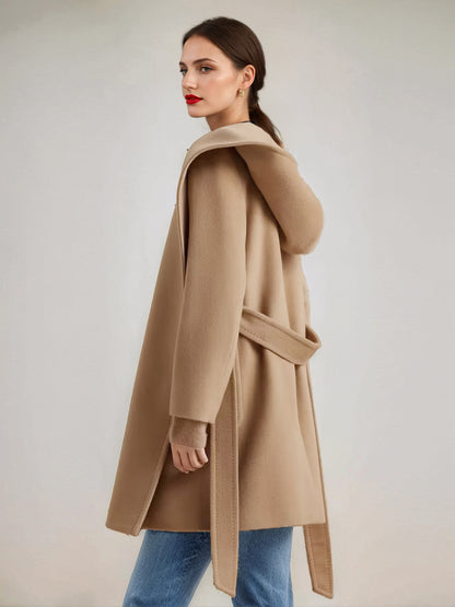 Wool Cashmere Blend Coat With Hood Camel Belted Double-Faced Short Wrap Coat For Women 2026
