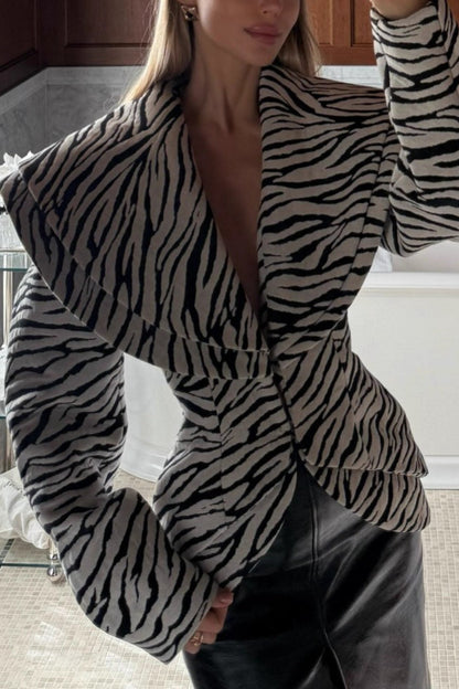 V Neck Zebra Print Two Piece Blazer Skirt Set