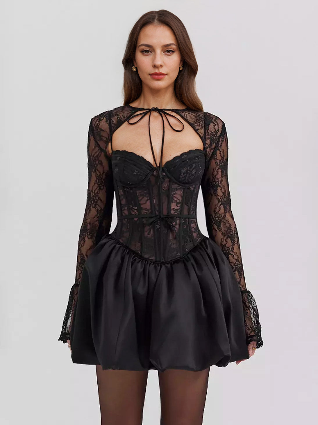 Black Lace Corset Dress With Detachable Bolero Birthday Party Puffball Mini Dress For Women 2026