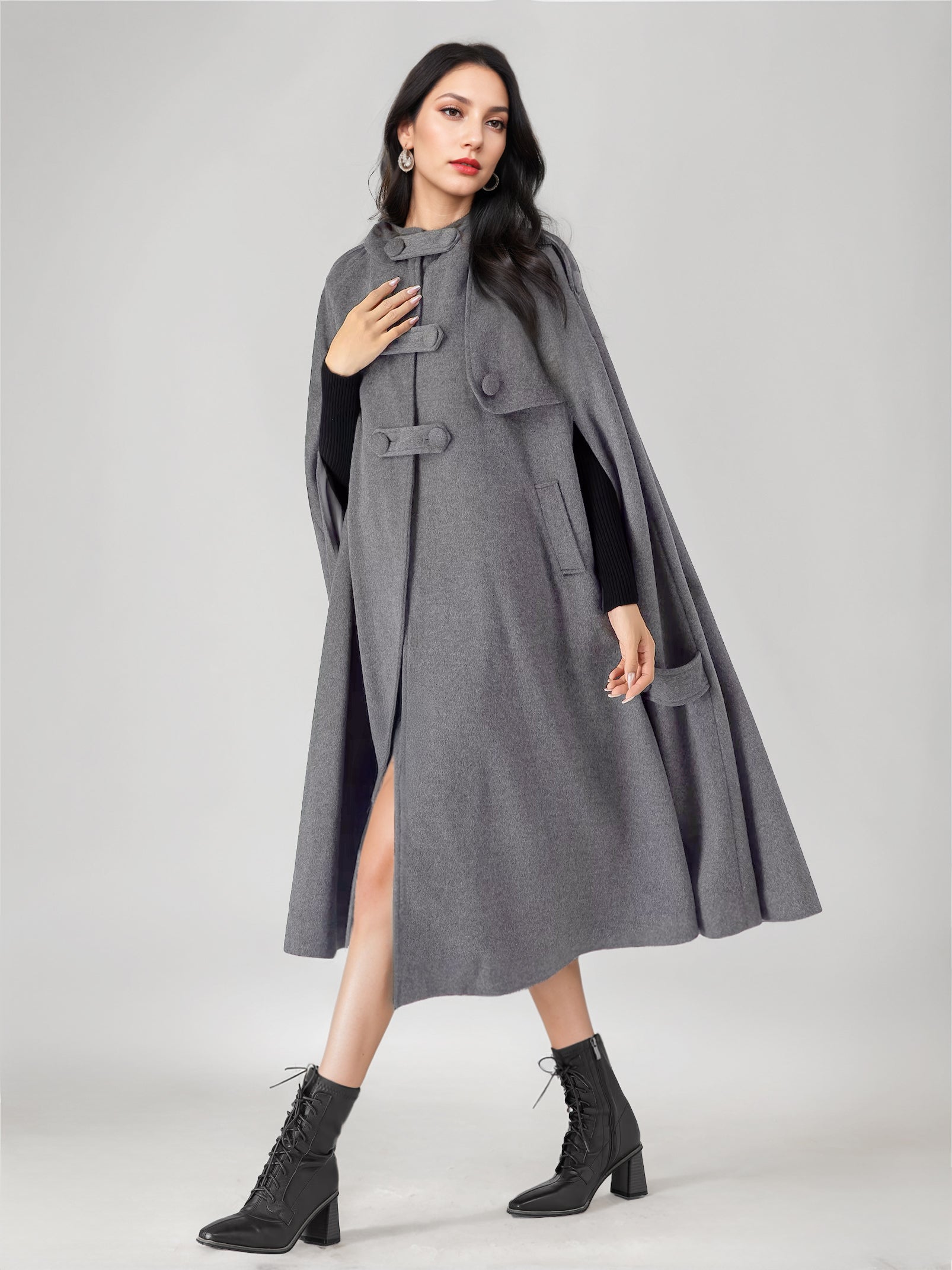 Wool Blend Cape Coat For Women Hooded Gray Oversized Long Poncho Outerwear 2026