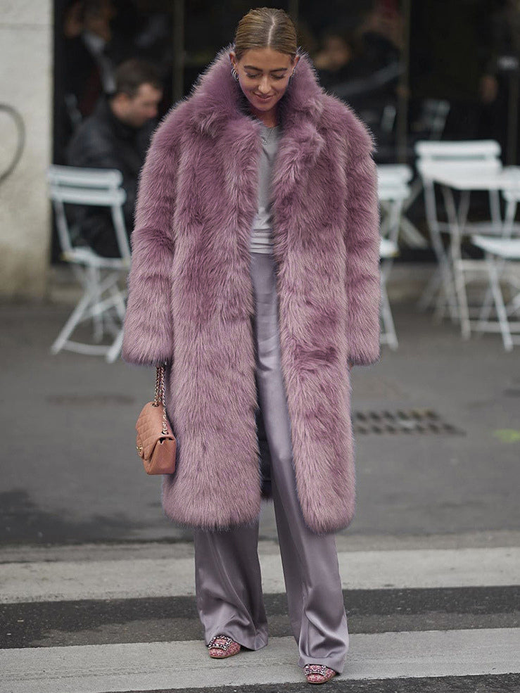 Faux Fur Coat With Notched Lapel Solid Color Eco-friendly Winter Long Jacket For Women 2026