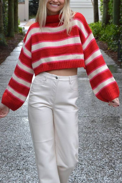 Fashion Striped Turtleneck Long Sleeve Loose Knit Sweater