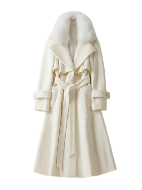Full Length Flared Woolen Coat White Faux Fur Collar Classic Lapel Belted Slim A-line Winter Maxi Coat 2026