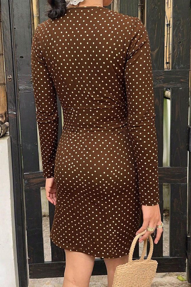 Polka Dot Lace Trim Deep V-Neck Long Sleeve Bodycon Mini Dress