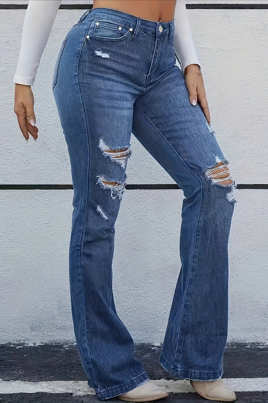 Stylish Distressed Whisker Stretch Mid-Rise Jeans