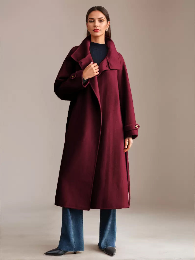 White Wool Cashmere Blend Coat Stand Collar Double-Faced Belted Winter Outerwear For Women 2026