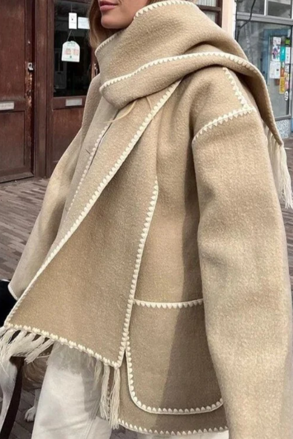 Scarf-Neckline Felt Woolen Coat