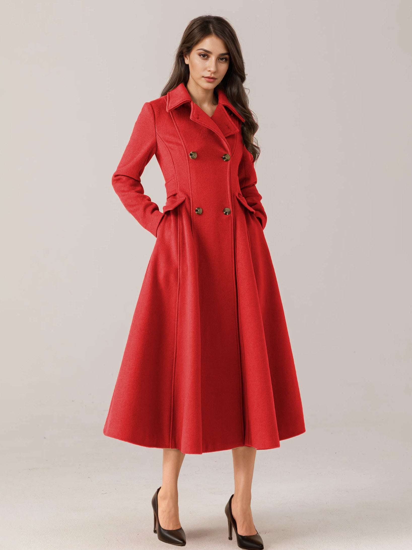 Flared Wool Blend Coat For Woman Red Turndown Collar Double-breasted Elegant 2026 Winter Outerwear