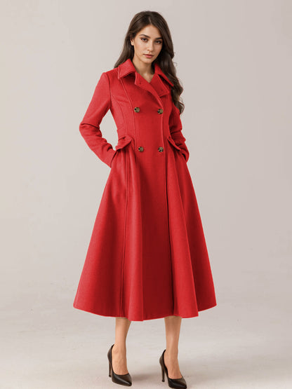 Flared Wool Blend Coat For Woman Red Turndown Collar Double-breasted Elegant 2026 Winter Outerwear