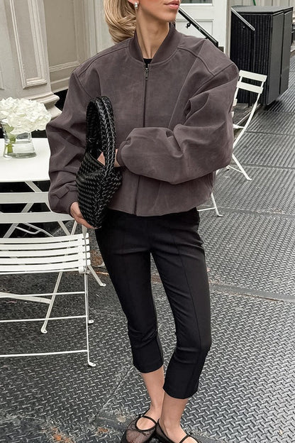 Retro Gray Suede Bomber Jacket