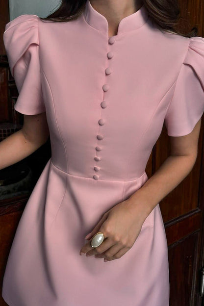 Stand Collar Button Front Tulip Puff Sleeve Fit and Flare Mini Dress