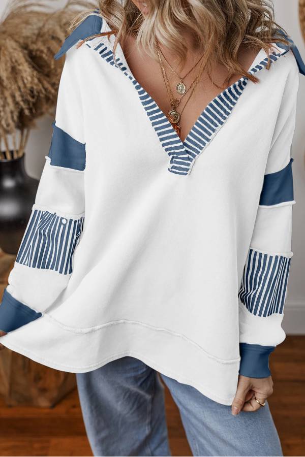 Light French Beige Striped Patchwork Collar Sweatshirt